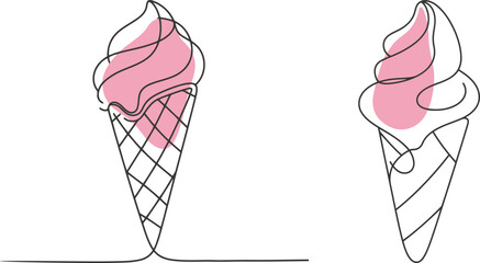 Two soft-serve ice cream cones with pink ice cream, drawn in a continuous line art style, on a white background.