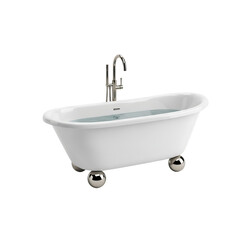 Fototapeta premium Elegant white clawfoot bathtub with modern chrome faucet filled with clear water transparent background