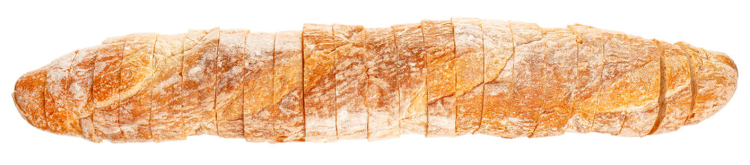 Whole rustic baguette sliced into pieces on white background.