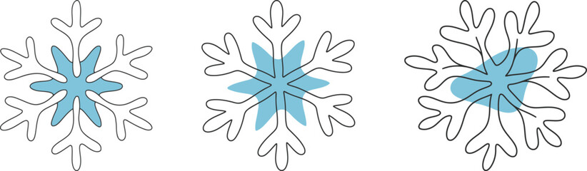 Three unique and simple snowflakes with blue color accents, drawn in a continuous line art style, on a white background.
