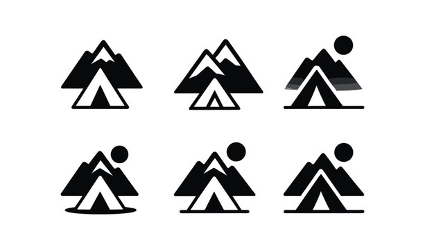 vector solid black filled icons camping tent (mountain view): tent silhouette peak outline sky gradient shadow smear light rim horizon line.
