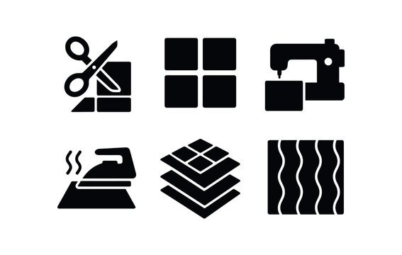 vector solid black filled icons quilt design (patterns): log cabin flying geese star hexagon patchwork squares diamond.