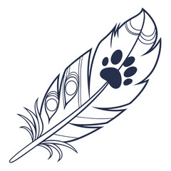 Elegant feather with dog paw print line art design for pet lovers