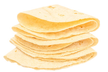 Stack of folded flour tortillas isolated on white background