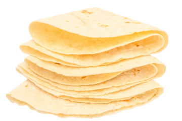 Stack of folded flour tortillas isolated on white background