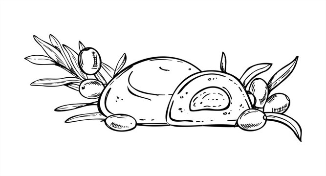 Hand drawn monochrome Japanese mochi filling sea buckthorn berries vector illustration. Baltic sallow thorn berry branch and candy line art for package design, poster, labels, coloring book