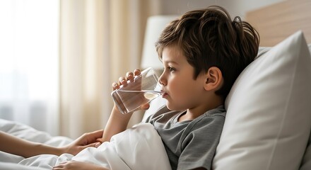 Sick boy drinking water in bed