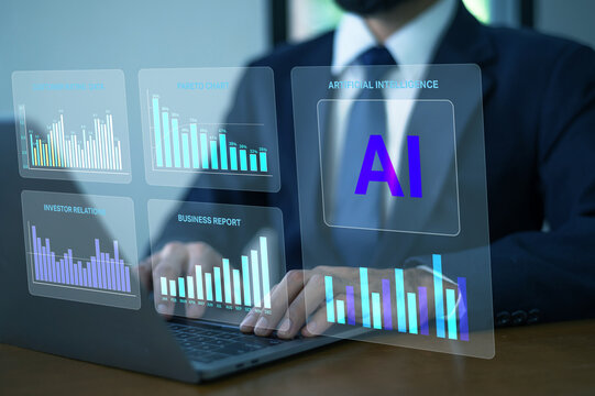 Businessman using laptop with AI hologram screen showing global data analytics, stock market growth, financial investment, and digital strategy