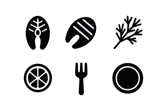vector solid black filled icons high protein meal (salmon fillet): salmon slice grill mark dill sprig lemon half fork tine plate edge.