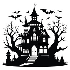 Silhouette of Spooky Halloween Haunted House with Bats, Trees, and Lighthouse Scene