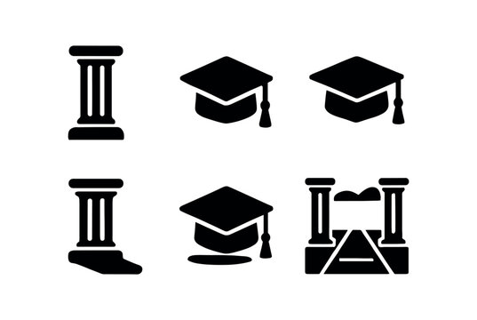 vector solid black filled icons graduation period (walk colonnade): column silhouettes cap icons shadow smear highlight rim sky gap floor lines.