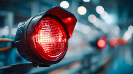 Red flashing warning light in an industrial facility, signaling caution or alert