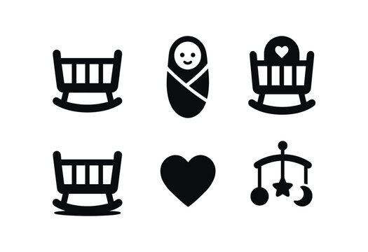 vector solid black filled icons young parenthood (baby cradle): cradle outline baby sheet shadow smear highlight rim heart dot mobile icon.