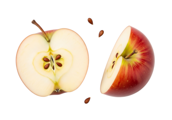 Two halves of a vibrant red , showcasing the core and seeds against a black background, exhibit a fresh and healthy aesthetic.