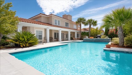 Fototapeta premium Elegant Home with Pool and Lush Landscape