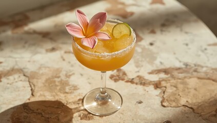 Golden frozen mango margarita with lime and flower on sunlit stone