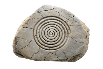 Ancient stone carving featuring a concentric spiral symbol isolated on white background