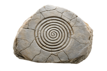 Ancient stone carving featuring a concentric spiral symbol isolated on white background