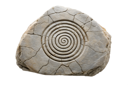 Ancient stone carving featuring a concentric spiral symbol isolated on white background