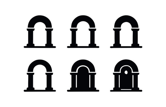 vector solid black filled icons stepwell (pillar arches): arch silhouettes column lines shadow smear highlight rim ground line light glow.