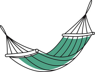 A continuous line drawing of a hammock with a green stripe pattern, on a white background.