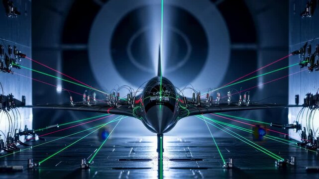 Scramjet test model in hypersonic wind tunnel test section surrounded by diagnostic lasers and pressure transducers for flow dynamics study.