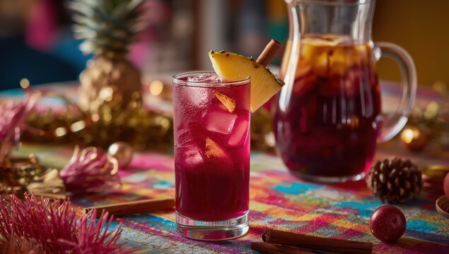 Vibrant purple chicha morada with pineapple slices served on festive family table