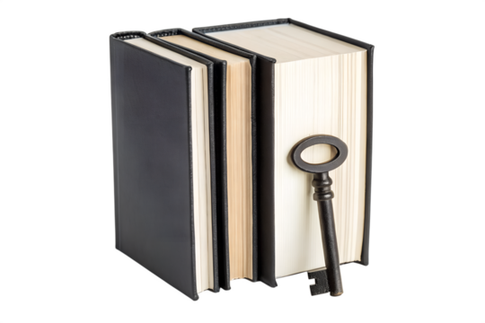 Antique skeleton key leaning against a stack of old books isolated on white background