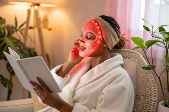 Photo of woman using a red led light therapy mask for facial skincare at home