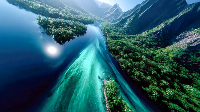 Aerial view of a river flowing between steep forested mountains