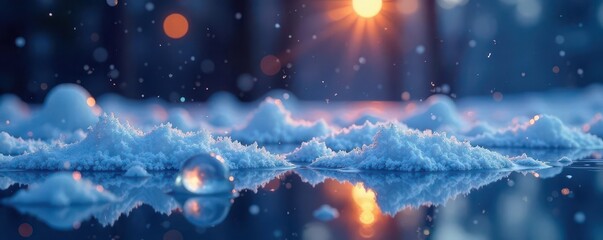 Frosty ambiance with dark icy hues, frothy bubbles float in silence, frozen, bubbles