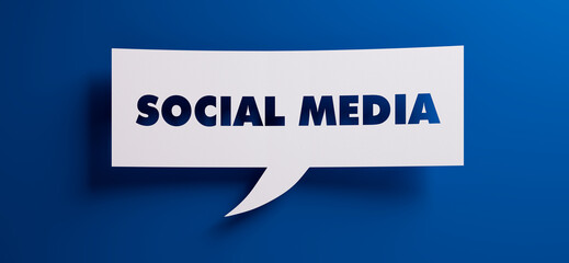 White speech bubble with the words social media in front of a blue colored wall - 3D illustration