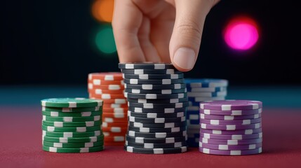 Naklejka premium Hand Holding Poker Chips with Colorful Stacks in Soft Focus Background