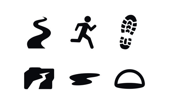 vector solid black filled icons trail running (mountain path): winding trail runner silhouette shoe tread rock ledge shadow smear horizon arc.