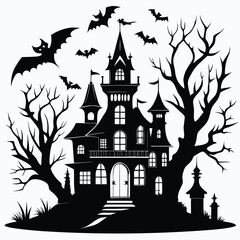 Spooky Halloween Castle Silhouette with Bats and Bare Trees Vector Graphic Illustration
