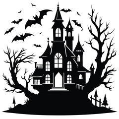Black silhouette of spooky haunted house with bats and trees, Halloween scene artwork