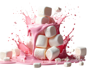 Pink Milkshake Splashing Over Marshmallow Tower in 3D Render