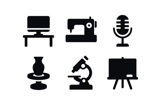 vector solid black filled icons career exploration (indoor jobs): desk computer sewing machine microphone pottery wheel microscope whiteboard.