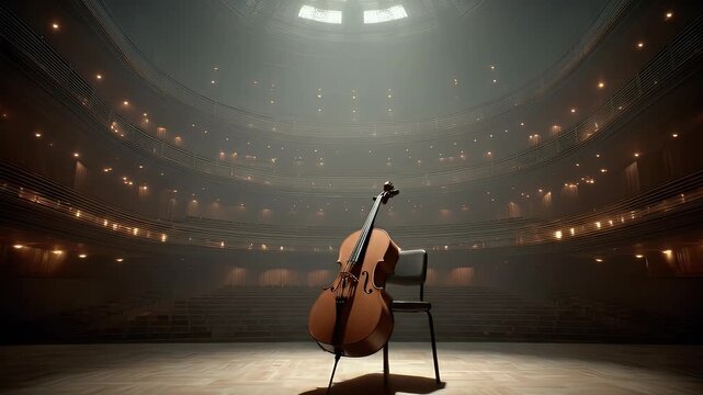 Cello on Stage in a Grand Concert Hall