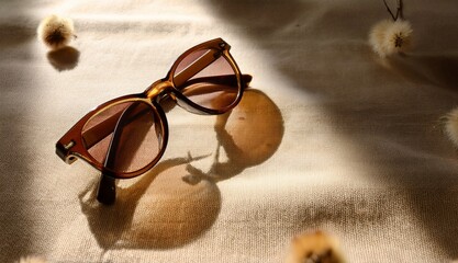 Stylish sunglasses on a beige fabric with dried plants