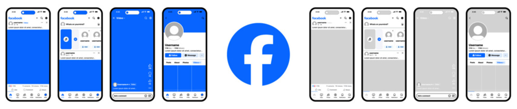 Facebook mobile UI mockup with feed posts profile stories marketplace groups and messages layout