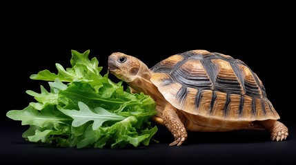 Tortoise Eating Fresh Lettuce Against a Black Background