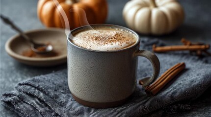 Coffee cup releases steam, showcasing warmth and comfort, with pumpkins and cinnamon enhancing the inviting atmosphere