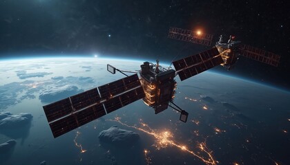 Satellite technology observing Earth from orbit. Spacecraft with solar panels hovers above planet, city lights glowing below. Digital aerospace innovation for communication, remote sensing, global