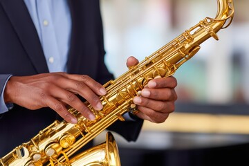 Obraz premium Close-Up of Musician Playing Saxophone at Jazz Performance Event