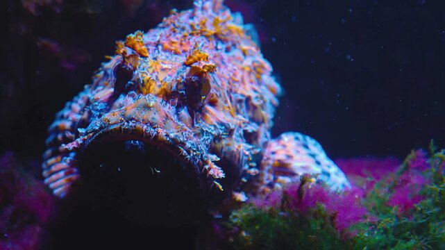 Close up of a stone fish resting beside  a reef underwater