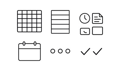 vector outline icons time blocking schedule (weekly planner): weekly grid block segments task icons calendar header progress dots checkmarks.