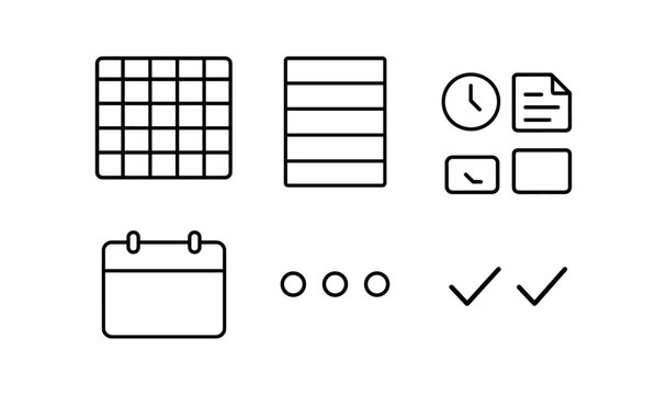 vector outline icons time blocking schedule (weekly planner): weekly grid block segments task icons calendar header progress dots checkmarks.