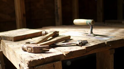 Tools on a weathered workbench with hammers and trowel in bright sunlight - Powered by Adobe