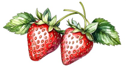 Two Fresh Strawberries Watercolor.